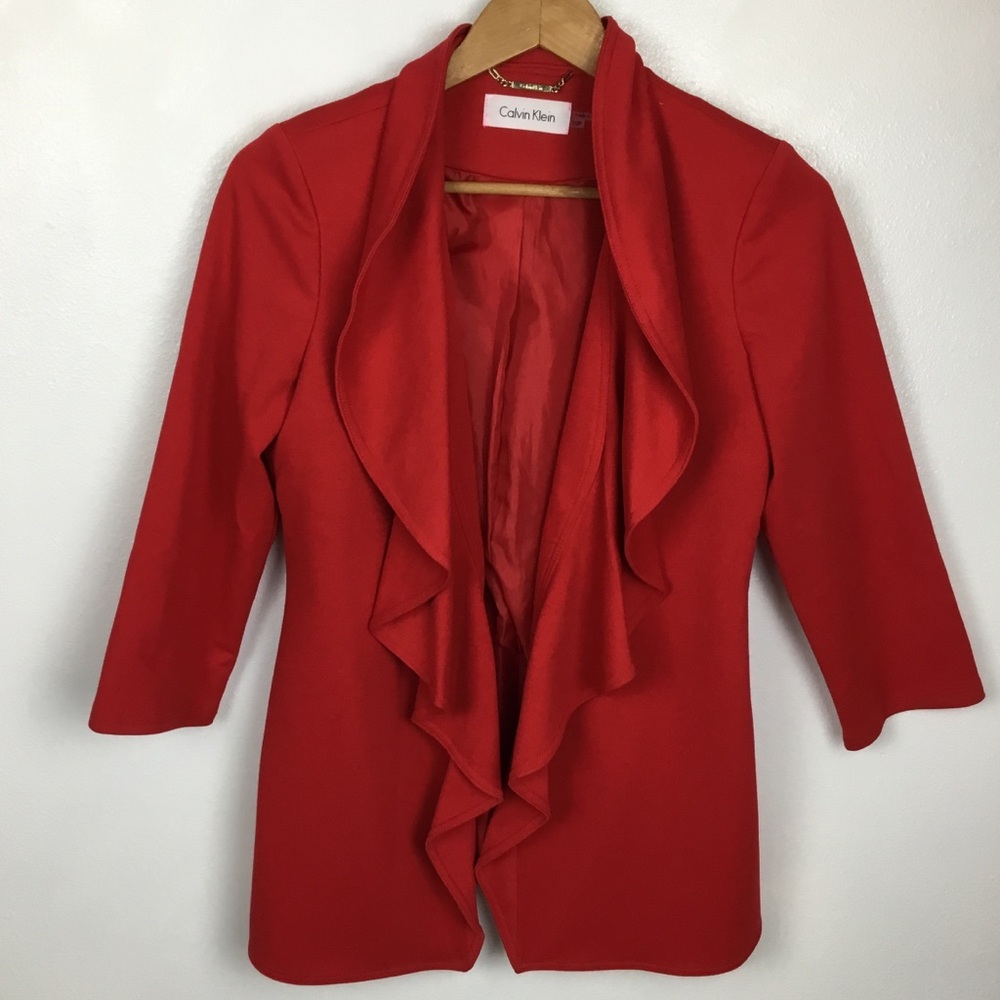 Ruffled Open Front Cherry Red Cardigan Blazer Calvin Klein 10P